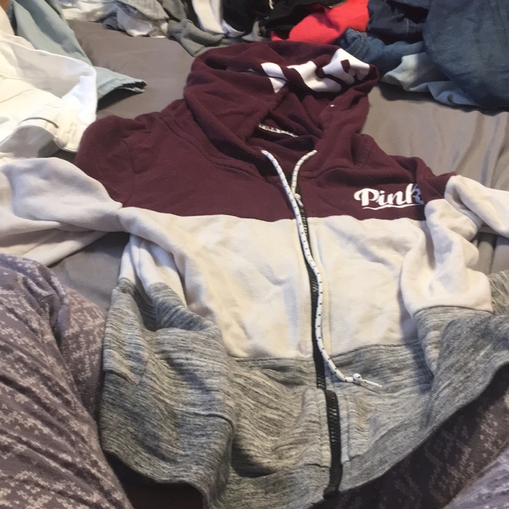 maroon, gray and white sweater from pink